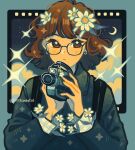  1girl blue_background blue_jacket blue_sky blue_theme brown_eyes brown_hair camera closed_mouth cloud collared_shirt commentary crescent_moon emily_kim english_commentary film_strip flower flower_charm glasses hair_flower hair_ornament halftone highres holding holding_camera jacket long_sleeves looking_at_viewer medium_hair moon night_sky original plaid_clothes plaid_shirt portrait shirt signature simple_background sky solo sparkle sparkling_eyes star_(sky) starry_sky suspenders twitter_username wavy_hair white_flower white_shirt 