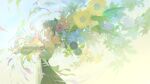  1girl absurdres anemone_(flower) bare_shoulders closed_eyes commentary detached_sleeves dress expressionless flower from_side grey_hair highres isekaijoucho kamitsubaki_studio nemophila_(flower) outstretched_arms pale_color profile short_hair solo spread_arms sunflower sunlight walluka 