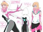  1girl ahoge aqua-tinted_eyewear aqua_eyes arrow_(symbol) black_pants blonde_hair breasts character_name clothing_cutout commentary_request copyright_logo copyright_name english_text eyelashes fingerless_gloves from_behind gloves gradient_hair gwen_stacy hood hood_up logo marvel marvel_rising medium_hair mixed-language_text multicolored_hair multiple_views open_mouth pants pink-framed_eyewear pink_gloves pink_hair shirt shoulder_cutout simple_background smile spider-gwen spider-man_(series) sunglasses superhero_costume sushi_pizza_rrr tinted_eyewear translation_request two-tone_hair white_background white_shirt 