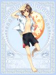  brown_hair innertube katsuki_yuhiroshi male_focus red_eyes silver_rain solo swimsuit 