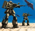  desert gaw_(gundam) gradient gradient_background gun gundam mecha mobile_suit_gundam sand weapon zaku zaku_ii 