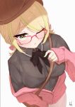  1girl absurdres artist_name bag beret black_shirt blonde_hair blush bra_visible_through_clothes breasts cardigan english_commentary eyelashes fuzuki_miki fuzuki_miki_(2nd_costume) glasses green_eyes green_hair green_nails handbag hat hdukl highres indie_virtual_youtuber looking_at_viewer medium_breasts medium_hair mole mole_under_eye multicolored_hair off_shoulder one_eye_closed open_cardigan open_clothes parted_lips pink-framed_eyewear pink_cardigan see-through_clothes shirt short_twintails signature simple_background sleeves_past_wrists solo streaked_hair sweatdrop twintails virtual_youtuber white_background 
