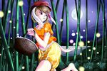  absurdres animal_ears bamboo bamboo_forest barefoot basket blonde_hair bunny_ears bush curvy dango danmaku fireflies food food_in_mouth forest frills hat highres lights looking_back moon moon_rabbit nature night night_sky orange_shirt pants patterned pumpkin_shorts red_eyes red_hat ringo_(touhou) running shirt short_hair shorts skewer sky striped striped_shorts toothpick tossing touhou wagashi yellow_pants yomitrooper 
