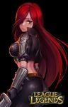  black_background black_eyes breasts copyright_name cowboy_shot from_side g.t hair_over_one_eye katarina_du_couteau knife league_of_legends long_hair medium_breasts midriff red_hair scar scar_across_eye short_sleeves simple_background solo vambraces very_long_hair 
