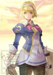  1girl asymmetrical_dual_wielding black_pantyhose blonde_hair blue_hairband blue_jacket breasts cassandra_alexandra commentary_request cowboy_shot dual_wielding gloves green_eyes hairband holding holding_shield holding_sword holding_weapon jacket pantyhose rosie_rosie shield shirt short_hair skirt solo soulcalibur soulcalibur_iii sword watermark weapon white_gloves white_shirt white_skirt 