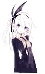  black_dress blue_eyes character_request copyright_request dress hair_ribbon head_tilt highres lace-trimmed_collar looking_at_viewer necktie pale_color ribbon riuichi simple_background sketch smile solo upper_body white_background white_hair 