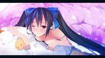  awake bed black_hair blanket bra letterboxed looking_at_viewer neptune_(series) noire padocchi_(kurokitsune) red_eyes ribbon sheep solo stuffed_toy twintails underwear 