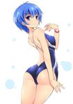  ass bare_shoulders blue_eyes blue_hair competition_swimsuit cowboy_shot from_behind kamishiro_sui looking_at_viewer mutou_kurihito one-piece_swimsuit short_hair solo swimsuit tokyo_7th_sisters 