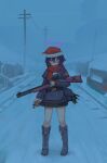  1girl 39iax bag bag_charm black_skirt blue_archive boots charm_(object) christmas commentary_request detonator fabarm_fp6 fog full_body fur-trimmed_headwear fur_trim gun hair_ornament hairclip halo haruka_(blue_archive) hat highres holding_detonator jacket juliet_sleeves knee_boots lace-up_boots long_sleeves medium_hair miniskirt outdoors power_lines puffy_sleeves pump_action purple_boots purple_eyes purple_hair purple_jacket red_hat red_scarf road santa_hat scarf shotgun skirt snow solo standing street utility_pole weapon wire 