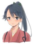  1girl asymmetrical_bangs blue_eyes blue_hair blush commentary_request cropped_torso hair_between_eyes high_ponytail houshou_(kancolle) japanese_clothes kantai_collection kimono long_hair looking_at_viewer motohara_moka ponytail red_kimono simple_background smile solo upper_body white_background 