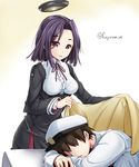  1girl admiral_(kantai_collection) blanket covering_with_blanket fuyu_mi hair_intakes kantai_collection mechanical_halo purple_eyes purple_hair short_hair sleeping tatsuta_(kantai_collection) twitter_username 
