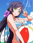  ball beachball bikini breasts ginmaru highres large_breasts long_hair looking_at_viewer love_live! love_live!_school_idol_project purple_hair smile solo swimsuit toujou_nozomi twintails underboob w 