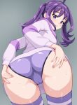  1girl ahoge alcmls1230 ass blush breasts commentary_request grey_background hood hoodie kimi_to_idol_precure leaning_forward looking_at_viewer medium_hair open_mouth panties precure presenting presenting_ass purple_eyes purple_hair purple_hoodie purple_panties purple_thighhighs shigure_kokoro simple_background small_breasts smile solo sweat thighhighs underwear 