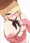 1girl absurdres artist_name bag bare_shoulders beret blonde_hair blush breasts cardigan english_commentary eyelashes fuzuki_miki fuzuki_miki_(2nd_costume) glasses green_eyes green_hair green_nails handbag hat hdukl highres indie_virtual_youtuber looking_at_viewer medium_breasts medium_hair mole mole_under_eye multicolored_hair nearly_naked_sweater nipples off_shoulder one_eye_closed open_cardigan open_clothes pink-framed_eyewear pink_cardigan pursed_lips short_twintails signature simple_background sleeves_past_wrists solo streaked_hair sweatdrop twintails virtual_youtuber white_background 