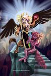 1trick 2015 anthro anthrofied avian beak buckitponydoodles cleavage clothed clothing cutie_mark duo earth_pony equine female friendship_is_magic gilda_(mlp) gryphon hair holding horse long_hair looking_at_viewer mammal my_little_pony navel nude pinkamena_(mlp) pinkie_pie_(mlp) pony sitting stairs standing tears wings 