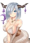  bandages bare_shoulders blue_eyes breasts cleavage cosplay danua danua_(cosplay) draph dress granblue_fantasy hair_ornament hair_over_one_eye hamakaze_(kantai_collection) highres horn_ornament horns jewelry kantai_collection large_breasts looking_at_viewer necklace seiza short_hair silver_hair sin_(kami148) sitting solo spaghetti_strap v_arms white_background white_dress 