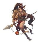  bandaged_arm bandages boots breasts brown_footwear brown_hair cleavage dress facial_mark forehead_jewel full_body fur fur_boots g.t green_eyes knee_boots large_breasts league_of_legends long_hair mask mask_on_head nidalee polearm smile solo spear standing standing_on_one_leg transparent_background very_long_hair weapon 