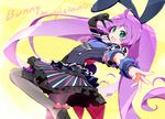  :d ahoge akata_itsuki animal_ears aqua_eyes bunny_ears fishnet_legwear fishnet_pantyhose fishnets leg_garter long_hair manaka_lala open_mouth outstretched_hand pantyhose pretty_(series) pripara purple_hair skirt smile solo twintails v v_over_eye yellow_background 