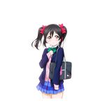  bag bangs black_hair blazer blush bow bowtie cable cardigan clenched_hands cowboy_shot green_bow green_neckwear hair_bow hand_on_own_chest headphones holding jacket long_sleeves looking_at_viewer love_live! love_live!_school_idol_festival love_live!_school_idol_project non-web_source official_art otonokizaka_school_uniform plaid plaid_skirt pleated_skirt red_eyes school_bag school_uniform skirt solo striped striped_bow striped_neckwear transparent_background twintails yazawa_nico 