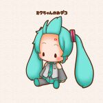  1girl abstract_background absurdres aqua_hair aqua_necktie aqua_skirt armpit_peek armpits artist_name bare_shoulders black_boots black_skirt black_sleeves blush boots chibi chibi_only collared_shirt commentary_request detached_sleeves facing_to_the_side floating_hair forehead forehead_tattoo fuwapuchi grey_background grey_shirt hair_ornament hairclip hatsune_miku highres long_hair looking_to_the_side miniskirt mosaic_background necktie number_tattoo pleated_skirt sh1n_chan shirt sidelocks signature sitting skirt sleeveless sleeveless_shirt solid_oval_eyes solo striped_clothes striped_shirt striped_sleeves tattoo thigh_boots twintails two-tone_skirt very_long_hair vocaloid 