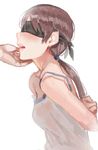  arms_behind_back blindfold blush breasts brown_hair deras hand_on_another's_chin idolmaster idolmaster_cinderella_girls long_hair nitta_minami open_mouth restrained sketch small_breasts solo_focus sweat 