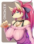  abstract_background anthro big_breasts blue_eyes breasts canine clothing female hair kemono long_hair looking_at_viewer mammal pink_hair smile solo sweater unknown_artist 