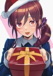 1girl :p absurdres blush brown_eyes brown_hair christmas fukou gift hair_ornament hair_scrunchie highres holding holding_gift looking_at_viewer mole mole_under_mouth necktie noel_(tsukihime) nun ponytail scrunchie sidelocks smile solo_focus tongue tongue_out tsukihime tsukihime_(remake) tunic upper_body wavy_hair wing_collar 