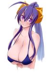  antenna_hair bikini blazblue blazblue_remix_heart blue_hair bow breasts cleavage genderswap genderswap_(mtf) hair_bow highres huge_breasts long_hair mai_natsume maydrawfag micro_bikini ponytail purple_eyes skindentation solo strap_gap swimsuit underboob upper_body yellow_bow 