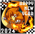  2024 border breath_weapon breathing_fire charizard chinese_zodiac claws commentary_request fire flame-tipped_tail full_body green_eyes happy_new_year kumano_sakunosuke no_humans open_mouth pokemon pokemon_(creature) tail twitter_username white_border year_of_the_dragon 