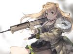  &gt;:) 1girl absurdres bangs bare_shoulders black_dress black_gloves blush bow breasts brown_jacket camouflage_jacket cleavage closed_mouth collarbone commentary_request double_bun dress eyebrows_visible_through_hair fingerless_gloves fingernails fur-trimmed_hood fur_trim girls_frontline gloves green_bow green_eyes gun hair_bow head_tilt highres holding holding_gun holding_weapon hood hood_down hooded_jacket jacket light_brown_hair long_hair long_sleeves medium_breasts object_namesake off_shoulder rfb_(girls_frontline) side_bun sidelocks single_glove sleeveless sleeveless_dress smile soranagi soranagi_yuki very_long_hair weapon weapon_request white_background 
