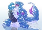  2012 absorption anthro balls blue_scales brown_hair dragon duo firondraak goo hair huge_penis humanoid_penis kalnareff kalnareff_(character) kneeling long_hair male male/male messy nude open_mouth penis purple_scales scalie tongue tongue_out vore white_scales 