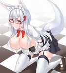  animal_ears apron areola_slip areolae bow bowtie breast_rest breasts breasts_on_tray carried_breast_rest checkered checkered_floor elbow_gloves fox_ears fox_tail garter_straps glasses gloves huge_breasts kneeling long_hair maid_apron maid_headdress mike_(foxbox) original red_eyes silver_hair solo suggestive_fluid tail thighhighs white_gloves white_legwear 