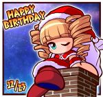  1girl aqua_eyes asouuuu blonde_hair border capelet chimney commentary_request drill_hair fur-trimmed_capelet fur_trim happy_birthday hat highres jikkyou_powerful_pro_yakyuu jikkyou_powerful_pro_yakyuu_(style) natsume_jun night_sky no_mouth one_eye_closed outside_border power_pro_kun_pocket power_pro_kun_pocket_9 rayman_limbs red_hat red_shoes sack santa_costume santa_hat shoes sitting solo twin_drills white_border 