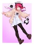  1girl ;d absurdres asymmetrical_wings beret black_choker black_pantyhose bloom_(irys) blue_eyes boots bow brown_boots brown_cardigan cable_knit cardigan choker commentary crystal_wings dress earrings empire_waist english_commentary full_body gloom_(irys) grin hat hat_bow highres hololive hololive_english hood hooded_cardigan irys_(casualrys)_(hololive) irys_(hololive) jewelry lace-trimmed_choker lace_trim long_sleeves looking_at_viewer mismatched_wings namiorii necklace official_alternate_costume official_alternate_hairstyle one_eye_closed open_cardigan open_clothes pantyhose pointy_ears puffy_long_sleeves puffy_sleeves purple_hair short_dress short_hair side_ponytail smile solo sparkle_print virtual_youtuber white_dress white_hat wings 