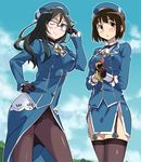  ;) atago_(kantai_collection) atago_(kantai_collection)_(cosplay) black_gloves blue_eyes blush breasts brown_eyes brown_hair brown_legwear cloud cosplay cowboy_shot day garter_straps glasses gloves hand_on_hip hands_together hat hibike!_euphonium imaichi kantai_collection large_breasts light_smile long_hair medium_breasts mole mole_under_eye multiple_girls nakaseko_kaori one_eye_closed pantyhose red-framed_eyewear sky smile takao_(kantai_collection) takao_(kantai_collection)_(cosplay) tanaka_asuka thighhighs uniform 