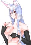  animal_ears areolae black_gloves breasts elbow_gloves fingerless_gloves fox_ears fox_tail gloves grabbing highres large_breasts long_hair mike_(foxbox) nipples nude original red_eyes self_fondle silver_hair slit_pupils solo tail upper_body white_background 