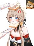 2girls :t absurdres anger_vein bare_shoulders blue_eyes blush breasts brown_hair cleavage closed_mouth columbina_(genshin_impact) commentary detached_sleeves ejpytr english_commentary genshin_impact highres holding_bread idiot_sandwich_(meme) meme multiple_girls out_of_frame photo_inset reference_inset sandrone_(genshin_impact) short_hair_with_long_locks simple_background strapless tearing_up upper_body white_background 