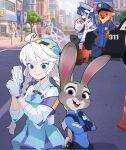  2boys 2girls ahoge antenna_hair aqua_halo armband art_shift blue_archive blue_necktie blurry braid building cityscape commentary_request creammilk_tea crossed_arms crossover depth_of_field donut eating english_commentary food fubuki_(blue_archive) furry furry_female furry_male furry_with_non-furry gun hair_between_eyes halo hat highres holding holding_donut holding_food holding_gun holding_weapon id_card interspecies judy_hopps kirino_(blue_archive) korean_commentary long_hair long_sleeves looking_afar looking_at_viewer low_twintails mixed-language_commentary multicolored_hair multiple_boys multiple_girls necktie nick_wilde outdoors peaked_cap police police_badge police_hat police_uniform policewoman purple_armband purple_necktie red_halo schale_logo sidelocks skyscraper smith_&amp;_wesson_360 streaked_hair trait_connection twin_braids twintails two-tone_hair walkie-talkie weapon zootopia 