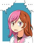  1girl blue_background brown_eyes brown_hair heterochromia jewelry lunarisaileron multicolored_hair necklace neo_(rwby) no_nose open_mouth pink_eyes pink_hair rwby solo speech_bubble spoken_ellipsis sweatdrop two-tone_hair 