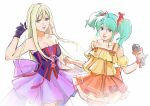  2girls black_gloves blonde_hair blue_eyes char's_counterattack cosplay dress earrings gigi_andalusia gloves green_hair gundam gundam_hathaway's_flash highres holding holding_microphone jewelry macross macross_frontier microphone multiple_girls nekkikamille orange_skirt purple_skirt quess_paraya ranka_lee ranka_lee_(cosplay) sheryl_nome sheryl_nome_(cosplay) skirt strapless strapless_dress triangle_earrings twintails white_background 