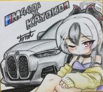  1girl absurdres black_choker black_dress black_hair black_horns blue_archive blush bmw bmw_4_series car choker closed_mouth collarbone commentary_request demon_girl demon_horns dress grey_car grey_halo halo highres horns jacket kayoko_(blue_archive) kayoko_(dress)_(blue_archive) long_hair long_sleeves looking_at_viewer mole mole_on_collarbone motor_vehicle multicolored_hair official_alternate_costume one_eye_closed red_eyes shikishi solo tomimon traditional_media two-tone_hair white_hair yellow_jacket 