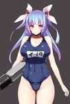  blue_hair breasts cleavage hair_ornament hair_ribbon i-19_(kantai_collection) ishimiso_(ishimura) kantai_collection large_breasts long_hair looking_at_viewer name_tag one-piece_swimsuit red_eyes ribbon school_swimsuit smile solo swimsuit torpedo twintails 