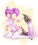  bare_shoulders blush breasts gloves hat irudana large_breasts looking_at_viewer monster_girl nurse nurse_cap original pointy_ears ponytail purple_eyes purple_gloves purple_hair purple_legwear sasori-chan_(irudana) scorpion_tail sitting sleeveless solo tail thighhighs yokozuwari 