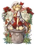  ascot blonde_hair bug butterfly chrysanthemum clover clover_(flower) dress flandre_scarlet flower gensou_aporo hat hat_ribbon heart insect lily_(flower) lily_of_the_valley looking_away mob_cap pillar puffy_short_sleeves puffy_sleeves red_dress red_eyes red_flower red_rose ribbon rose shirt short_sleeves side_ponytail sitting solo sunflower touhou wariza wings wrist_cuffs 