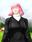  1girl absurdres building commentary_request earrings grass gundam haman_karn highres jewelry looking_to_the_side nyankot pine_tree pink_eyes pink_hair short_hair solo tree turtleneck zeta_gundam 