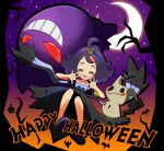  1girl :3 acerola_(pokemon) antenna_hair black_dress blush closed_eyes collarbone commentary crescent_moon dress english_commentary english_text eyelashes gengar grin hair_ornament halloween happy_halloween highres kei_(jelsamscout) medium_hair mimikyu moon night open_mouth outdoors patchwork_clothes phantump pokemon pokemon_(creature) pokemon_sm pumpkaboo purple_hair purple_sandals sandals short_sleeves silhouette sky smile star_(sky) teeth tree zubat 