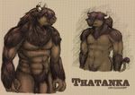  2013 anthro balls bovine brown_fur brown_hair english_text flaccid fur hair horn humanoid_penis kalnareff long_hair male mammal minotaur model_sheet muscles navel nude penis smile solo text thatanka 