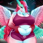 2025 absurd_res anthro anzu_(fzzr) beak big_breasts blue_body blue_eyes breasts dragon european_mythology exercise_clothing feathered_dragon feathered_scalie feathered_wings feathers female gradient_feathers hair hi_res horn huge_breasts long_hair multi_wing mythological_creature mythological_scalie mythology navel pink_body pink_hair randakera scales scalie slightly_chubby solo western_dragon wings