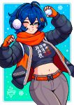  1girl absurdres artist_name aseprite_(medium) belle_(zenless_zone_zero) belt blue_hair breasts clothes_writing commentary crop_top earmuffs english_commentary fingerless_gloves gloves gradient_background green_eyes hair_between_eyes hair_ornament highres jacket large_breasts letter_hair_ornament long_sleeves looking_at_viewer midriff navel one_eye_closed open_clothes open_jacket orange_belt orange_gloves parted_lips pixel_art scarf short_hair smile snowball snowflakes solo wide_hips yumykon zenless_zone_zero 