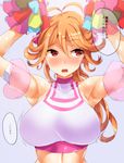  antenna_hair armpits arms_up blush cocoro_magical earrings halterneck highres jewelry long_hair looking_away orange_hair poko_chin pom_poms red_eyes solo tokyo_7th_sisters translation_request upper_body usuta_sumire 